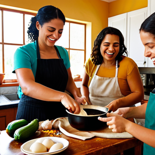 A vibrant, warm, and inviting kitchen scene filled with diverse individuals from different cultural backgrounds (e.g., Latina, European, Middle Eastern) joyfully cooking together. Hands are actively engaged in preparing various dishes like kneading dough, chopping vegetables, or stirring a pot, symbolizing shared culinary traditions and cultural exchange. Laughter and conversation fill the air, creating an atmosphere of deep human connection. Soft, natural light streams in, highlighting the steam rising from a simmering pot and the rich colors of fresh ingredients. The overall mood is one of belonging, learning, and genuine camaraderie. Photorealistic, cinematic lighting, warm tones.