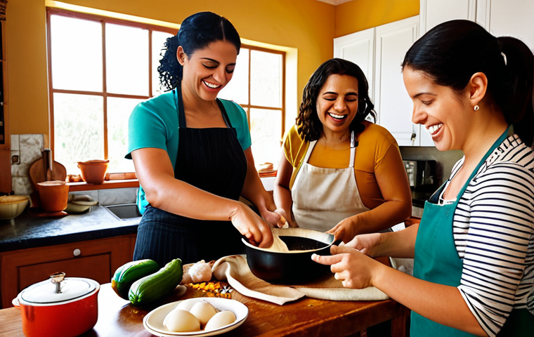 A vibrant, warm, and inviting kitchen scene filled with diverse individuals from different cultural backgrounds (e.g., Latina, European, Middle Eastern) joyfully cooking together. Hands are actively engaged in preparing various dishes like kneading dough, chopping vegetables, or stirring a pot, symbolizing shared culinary traditions and cultural exchange. Laughter and conversation fill the air, creating an atmosphere of deep human connection. Soft, natural light streams in, highlighting the steam rising from a simmering pot and the rich colors of fresh ingredients. The overall mood is one of belonging, learning, and genuine camaraderie. Photorealistic, cinematic lighting, warm tones.