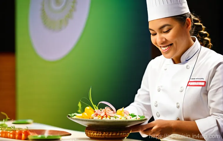 국제 요리 대회와 문화 교류의 중요성 - **Prompt:** A masterful chef, a woman with a warm, inviting smile and intricate braids, stands confi...