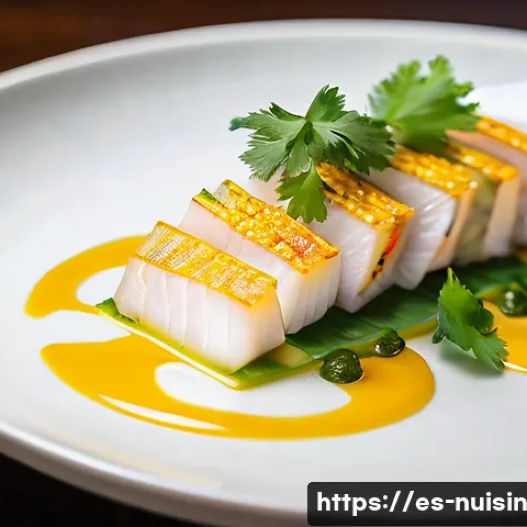 요리 교류의 성공적인 사례 조사 - **Nikkei Fusion Tiradito:** A close-up, high-angle shot of an exquisitely plated "Tiradito Nikkei" d...