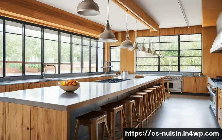 요리 교류 활동에 필요한 자원과 지원 - A spacious, modern communal kitchen designed for group cooking events, featuring multiple cooking st...