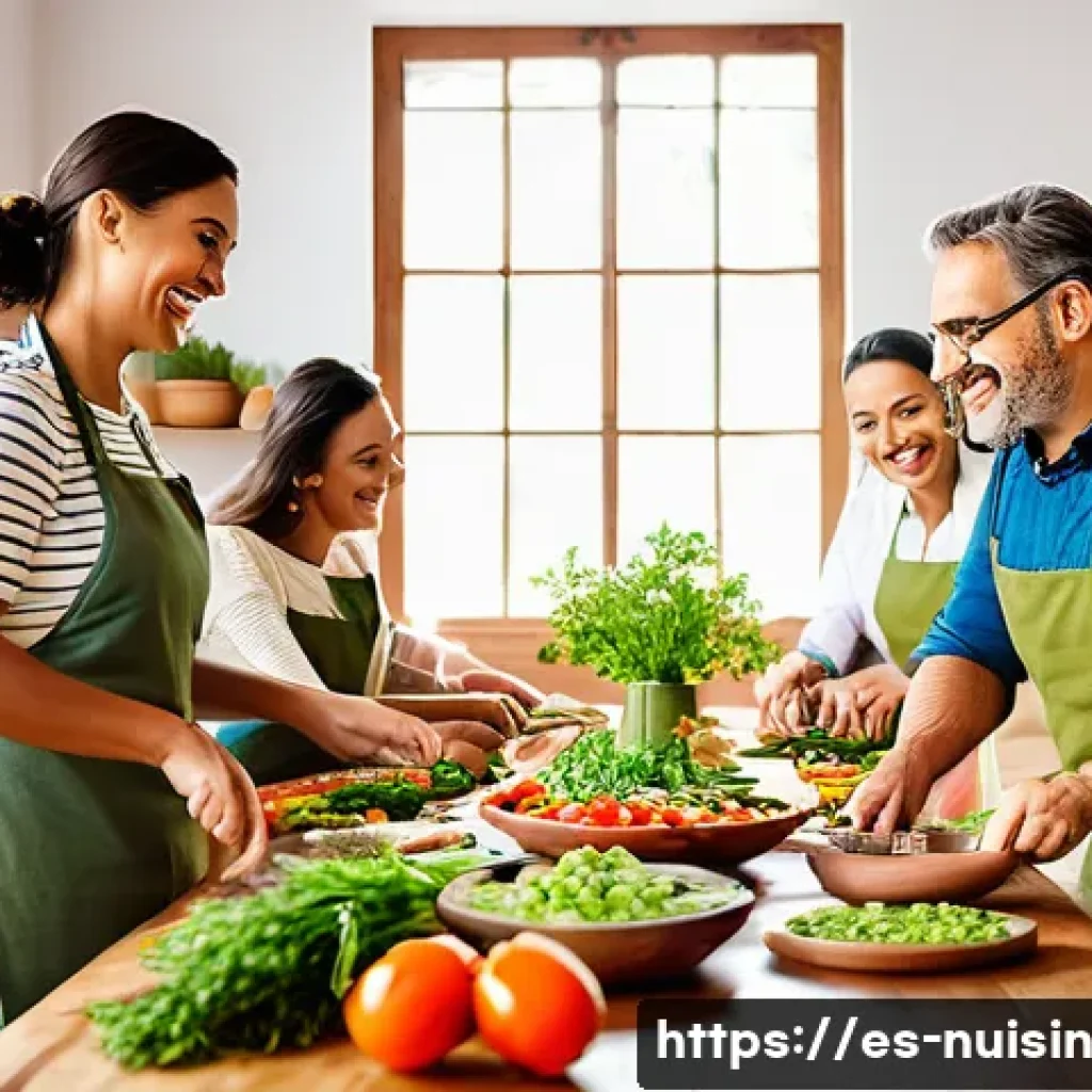 요리 교류를 통한 친목 도모하기 - A warm and inviting Mediterranean kitchen scene with a diverse group of adults cooking together arou...