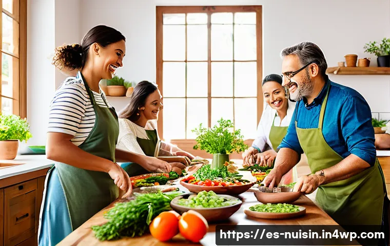 요리 교류를 통한 친목 도모하기 - A warm and inviting Mediterranean kitchen scene with a diverse group of adults cooking together arou...