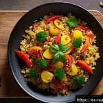 전통 음식과 현대 음식의 융합 사례 - A contemporary reinterpretation of traditional Valencian paella featuring a vibrant mix of colorful ...
