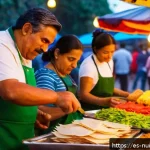 세계 각국의 요리 문화 교류 방법 - A vibrant street food market in Mexico City during the evening, bustling with diverse vendors sellin...
