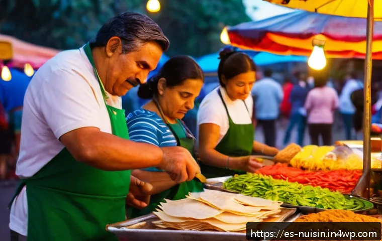 세계 각국의 요리 문화 교류 방법 - A vibrant street food market in Mexico City during the evening, bustling with diverse vendors sellin...