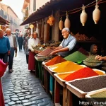 요리 교류 문화의 역사적 배경 - A vibrant Mediterranean market scene showcasing the historical spice trade: colorful stalls overflow...