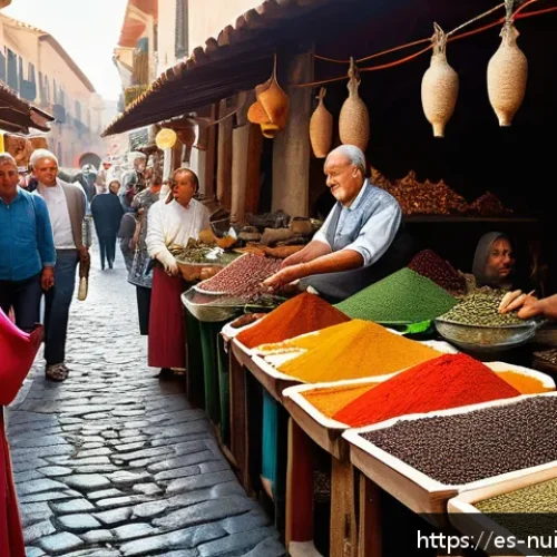 요리 교류 문화의 역사적 배경 - A vibrant Mediterranean market scene showcasing the historical spice trade: colorful stalls overflow...