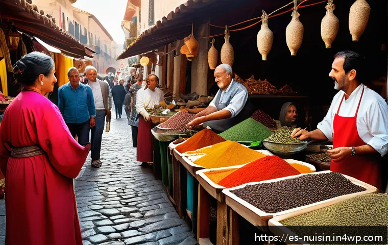 요리 교류 문화의 역사적 배경 - A vibrant Mediterranean market scene showcasing the historical spice trade: colorful stalls overflow...