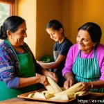 세계 각국의 요리 문화 탐방기 - A vibrant traditional Latin American kitchen scene featuring a multi-generational family preparing t...