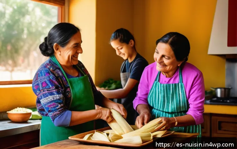 세계 각국의 요리 문화 탐방기 - A vibrant traditional Latin American kitchen scene featuring a multi-generational family preparing t...