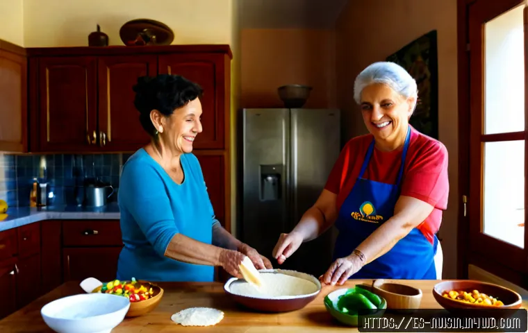Home 17 가족과 함께하는 요리 교류 아이디어 - Photorealistic multigenerational Spanish family cooking together in a bright Mediterranean home kitc...
